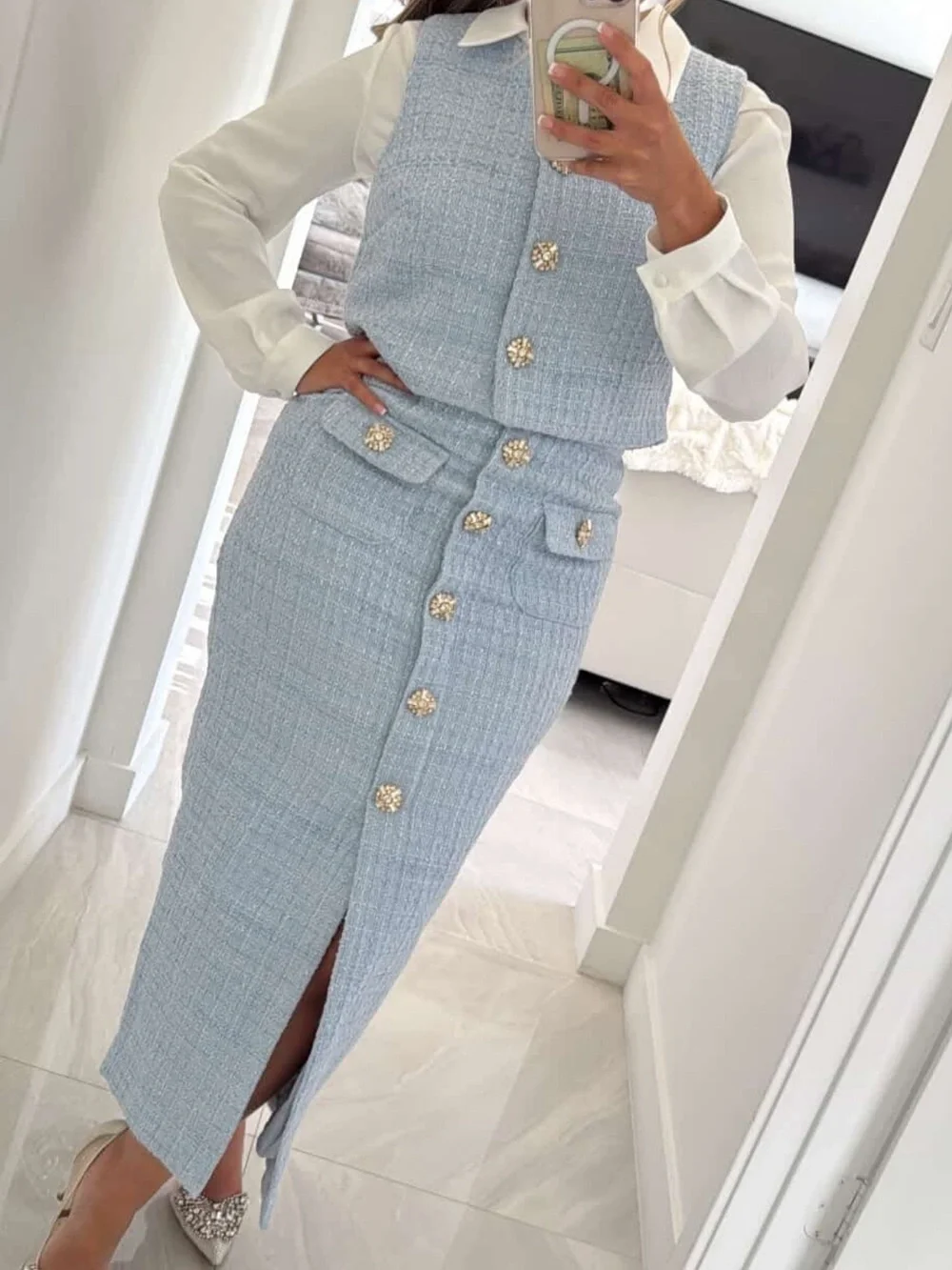 Meshki Powder Blue Tweed Skirt Set with Jeweled Buttons - Picture 1 of 1